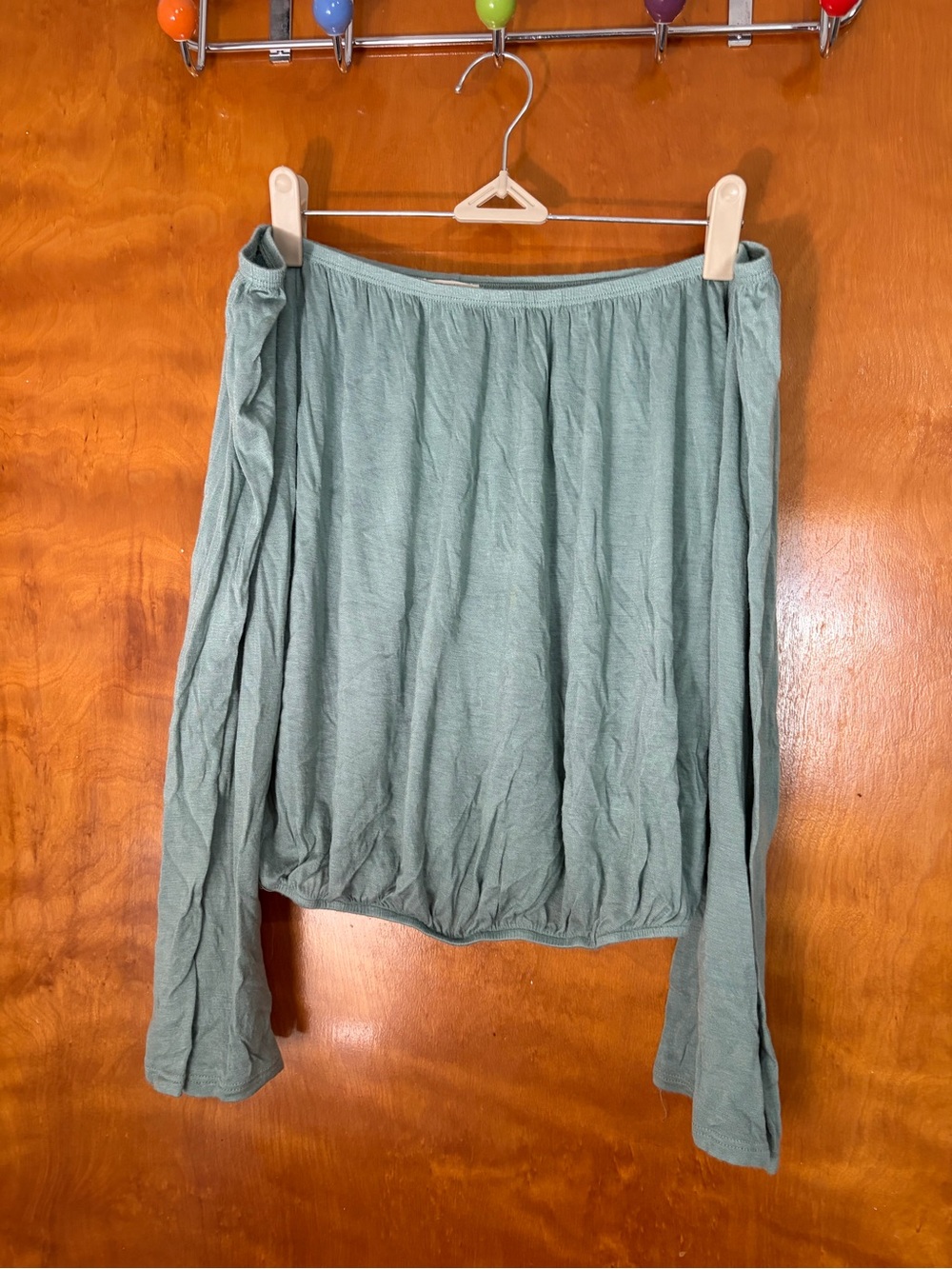 Light Sage Green Long Sleeve Off-Shoulder Tee